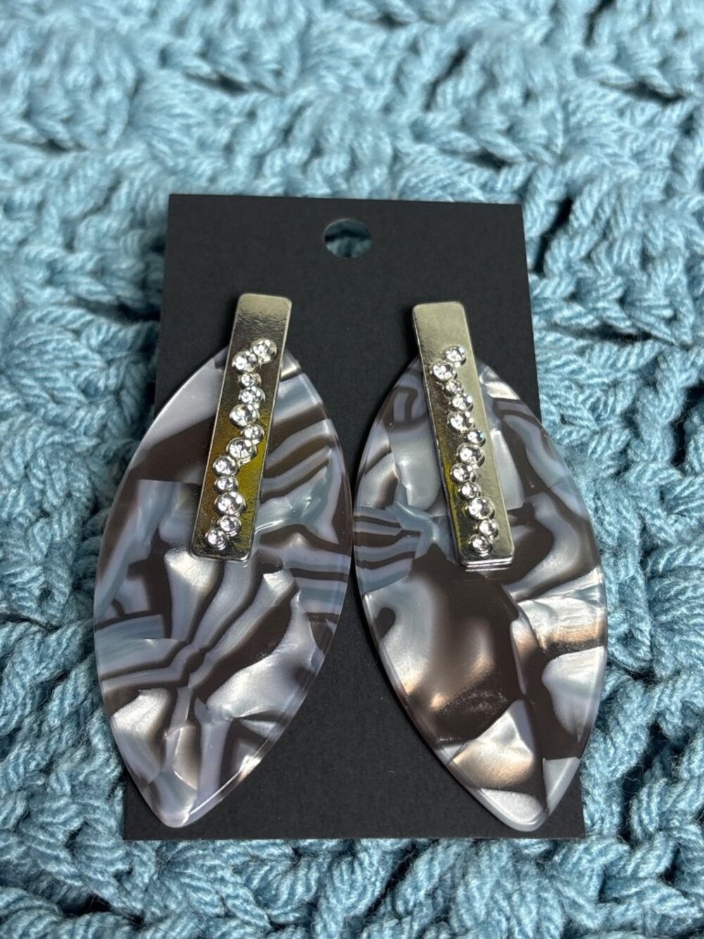 Silvertone Abstract Acrylic Clear Rhinestone Statement Earrings 2.5 inches